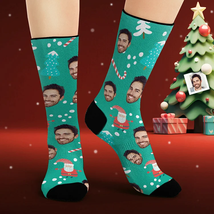 Custom Face Socks Personalized Photo Blue Socks Merry Christmas