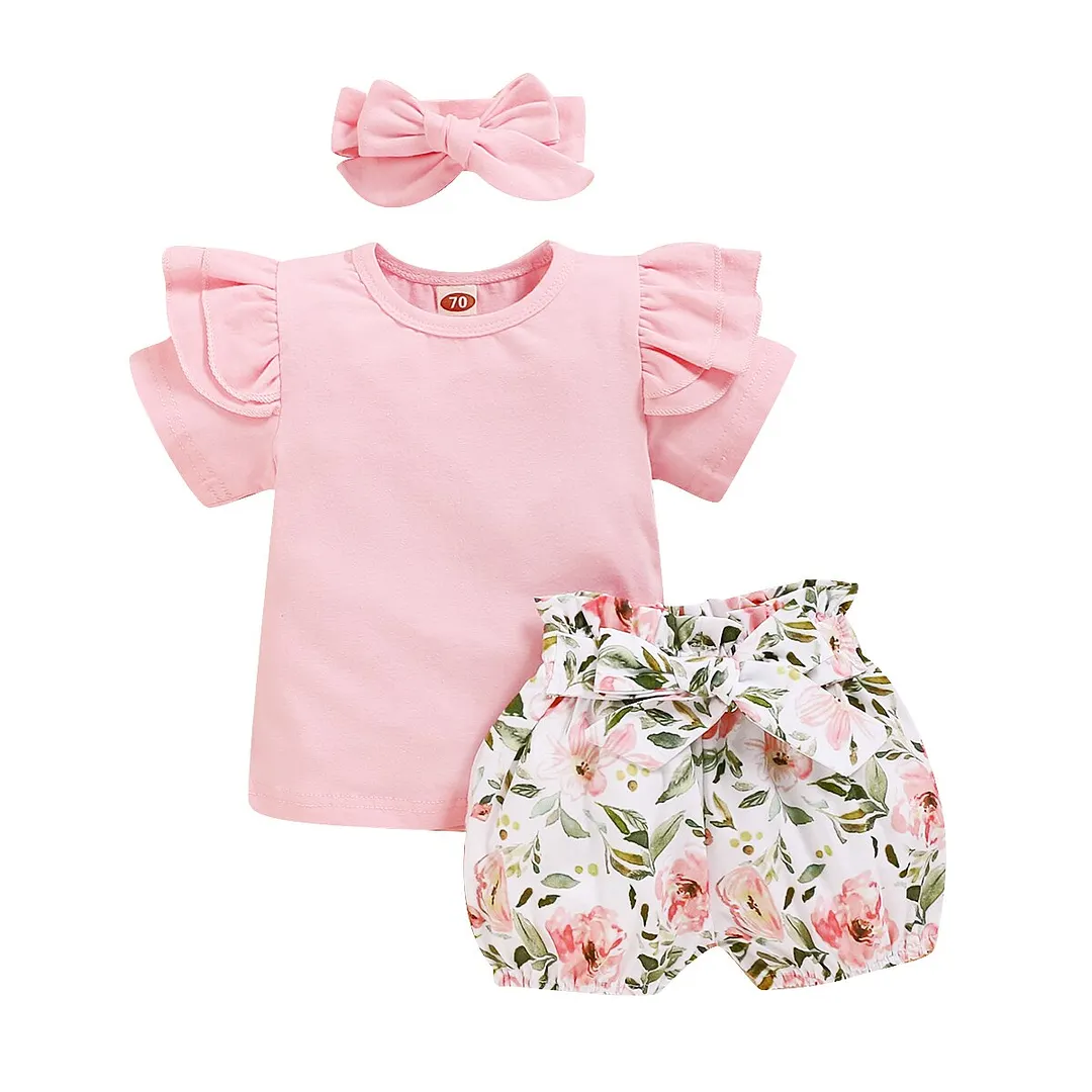 2020 Baby Summer Clothing Infant Baby Girl Clothes Set Short Sleeve Top T-Shirt+Floral Tutu Shorts+Headband 3Pcs Outfit