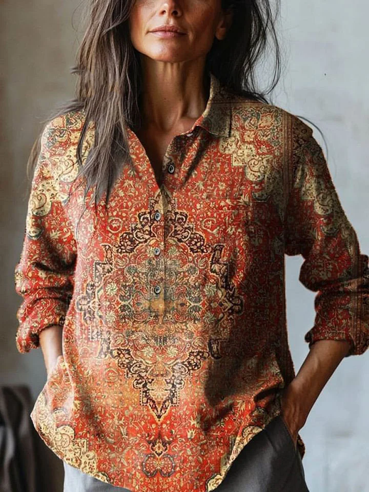 Women's Vintage Ethnic Floral Art Print Casual Cotton And Linen Shirt