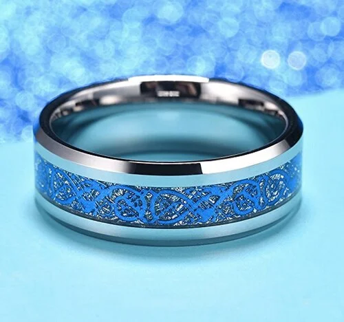 6MM 8MM Tungsten Carbide Wedding Rings Womens or Mens Silver and Sky Blue Resin Inlay Celtic Dragon Knot