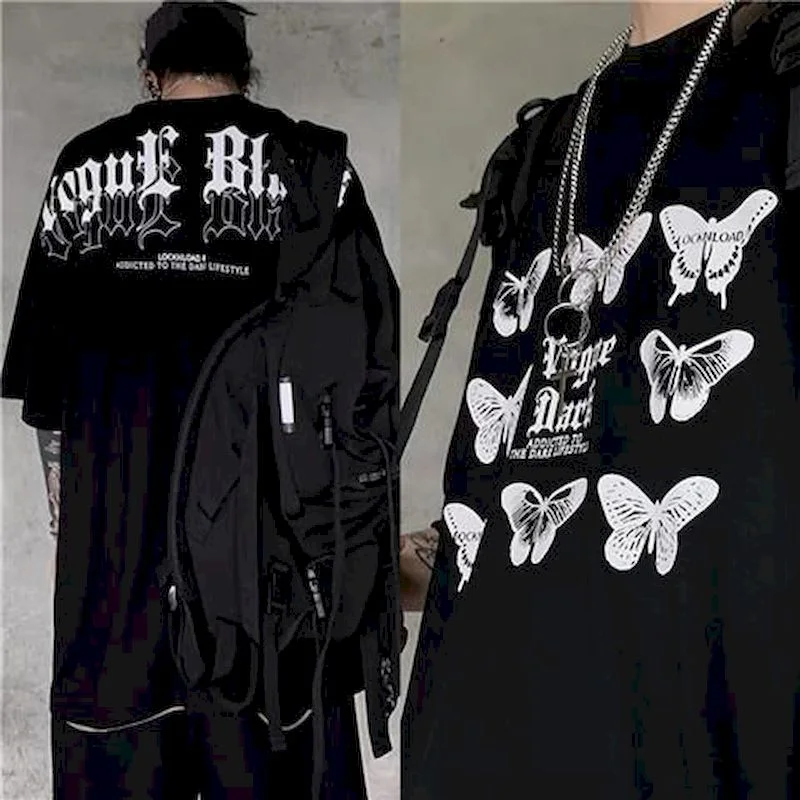 Punk Goth Short-sleeved Tshirt Women T Shirt Men Summer Dark Gothic Butterfly Letter Print Loose Hip-hop T-shirt Couple Tops