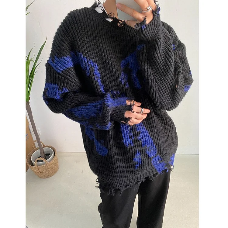 Street Loose Round Neck Tie-dye Long Sleeve Damaged Knitted Sweater