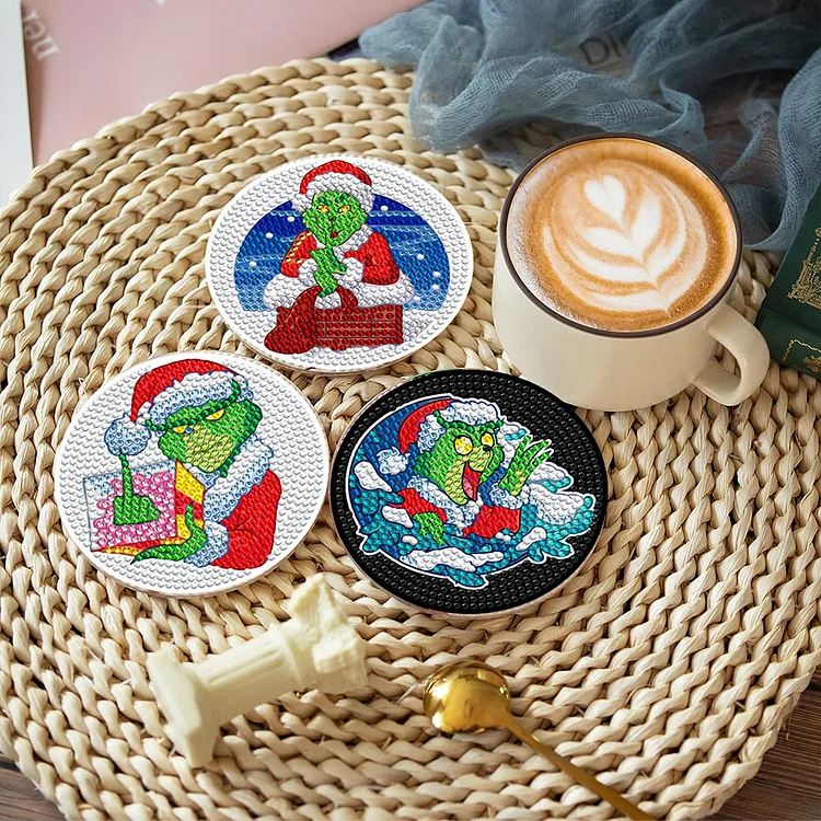8 PCS Christmas Diamond Art Coasters Kit with Holder, DIY Grinch