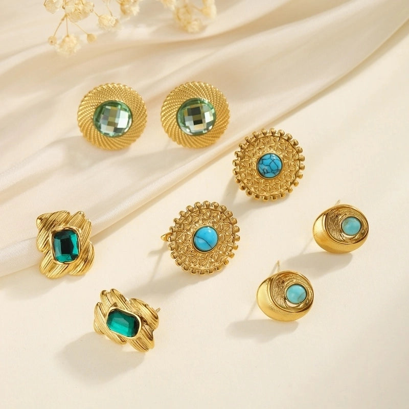 1 Pair Classical French Style Artistic Round Inlay 304 Stainless Steel Turquoise Ear Studs