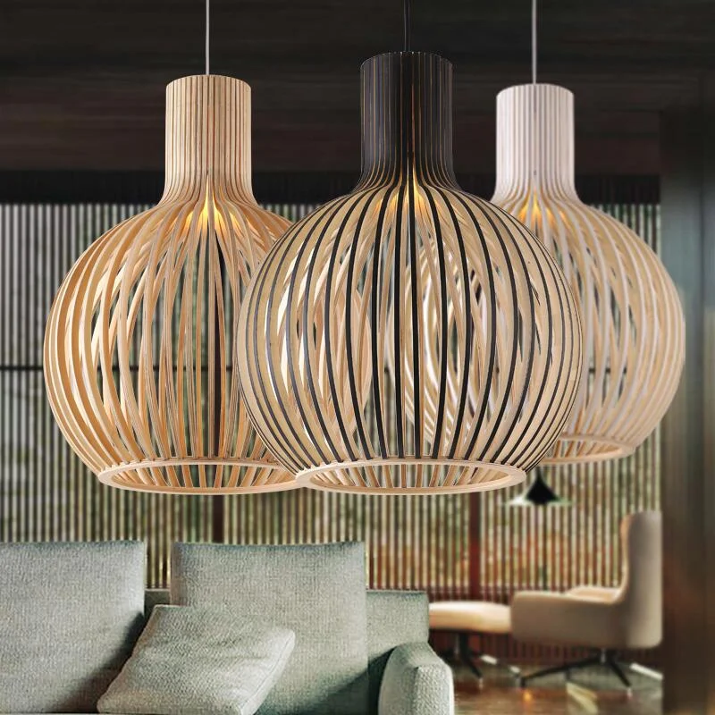 Modern Black Wood Birdcage E27 Bulb Pendant Light Nordic Home Deco Weaving Wooden Pendant Lamp