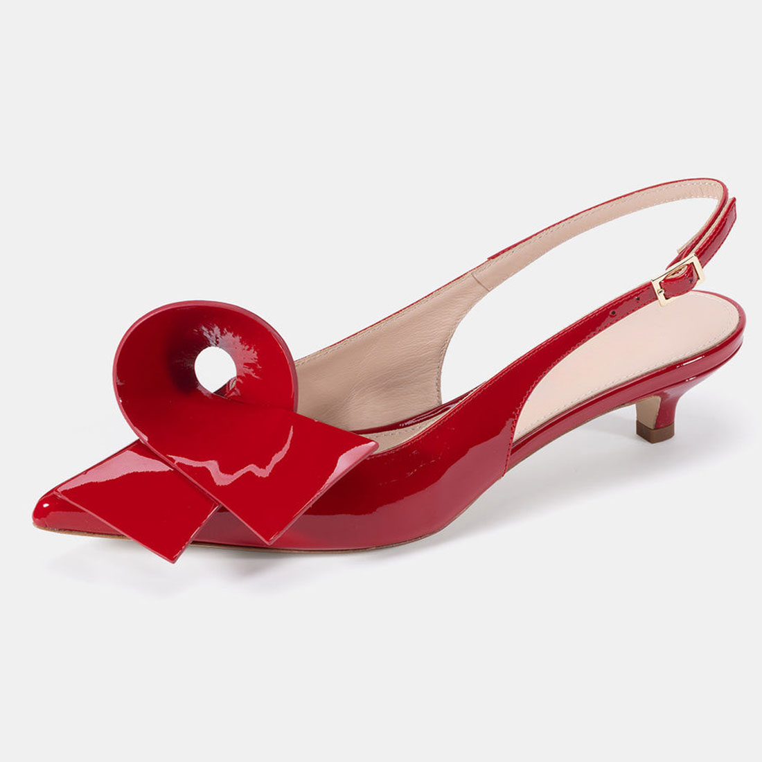Red Patent Leather Decorative Detail Slingback Kitten Heel Pumps