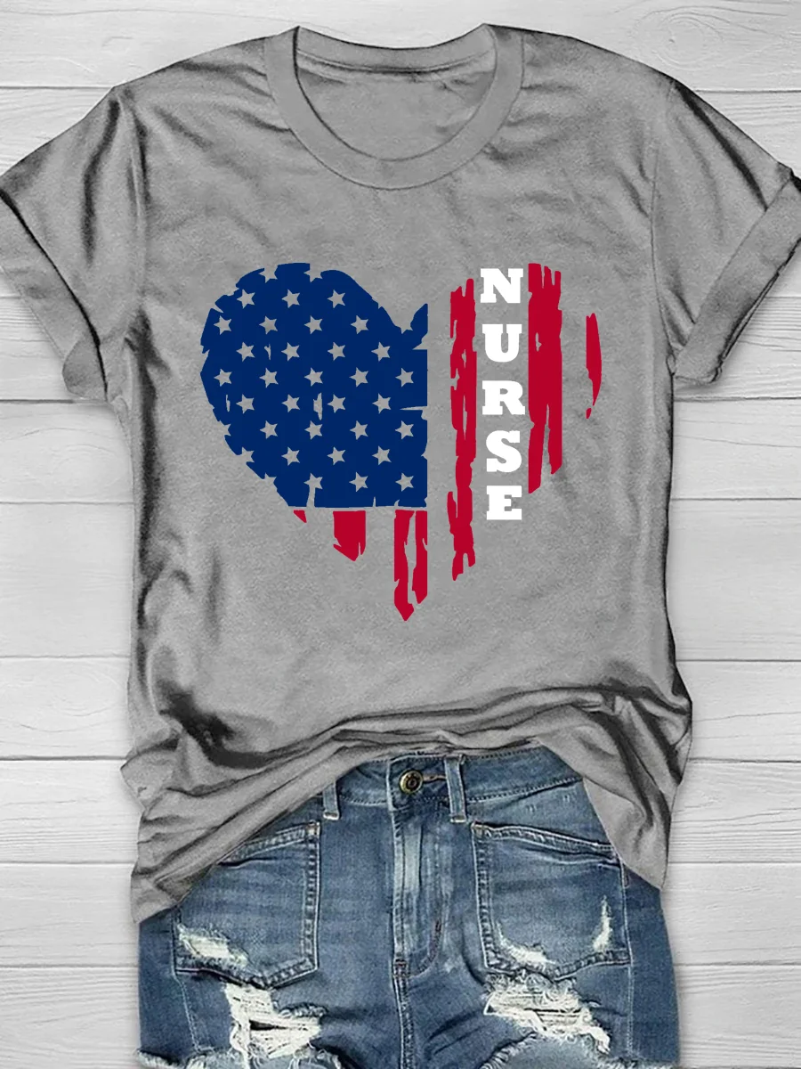 Nurse Flag Heart Print Short Sleeve T-Shirt