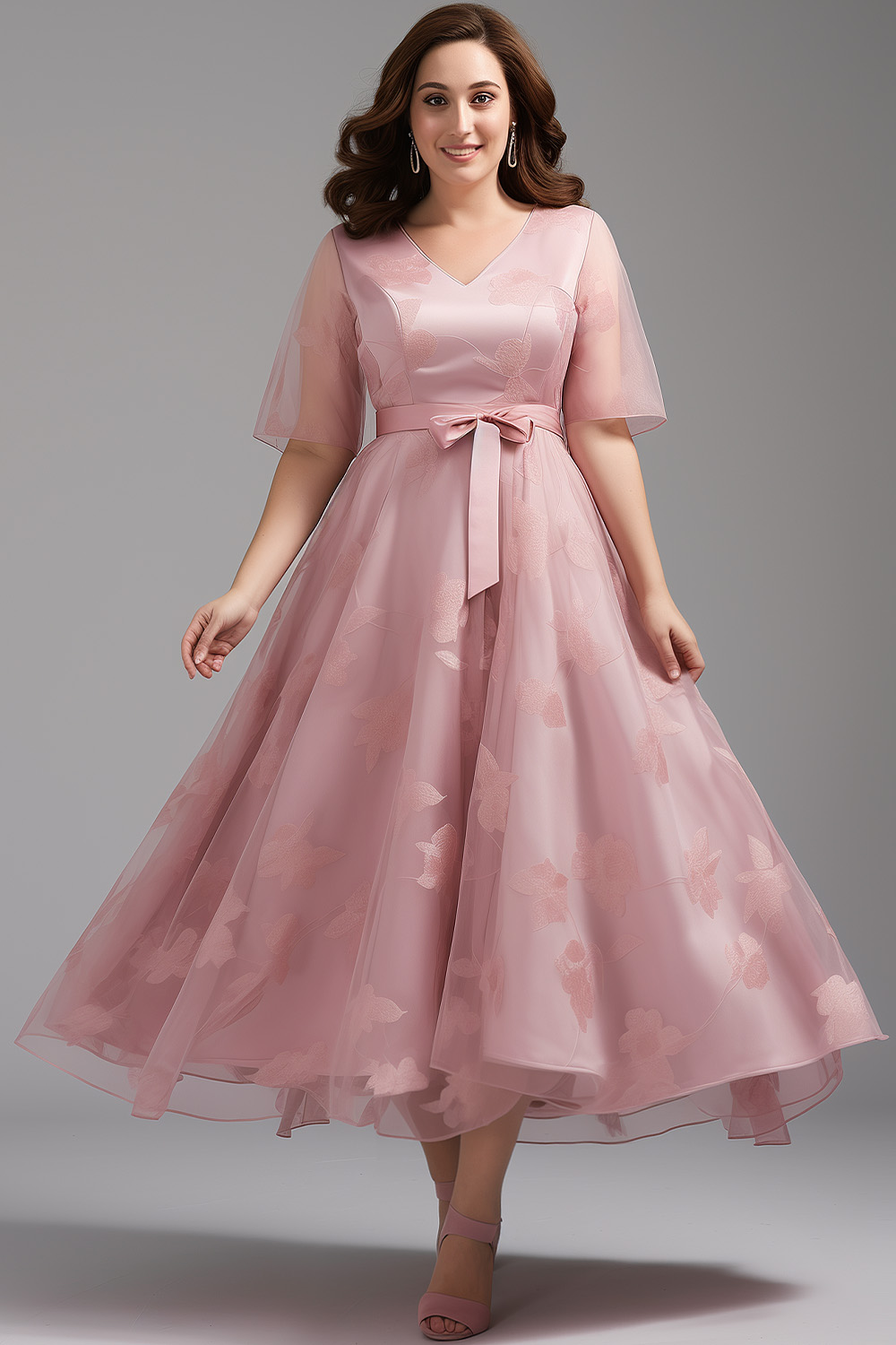Flycurvy Plus Size Wedding Guest Pink Jacquard Flutter Sleeve Midi Dress 2024 - Flycurvy 