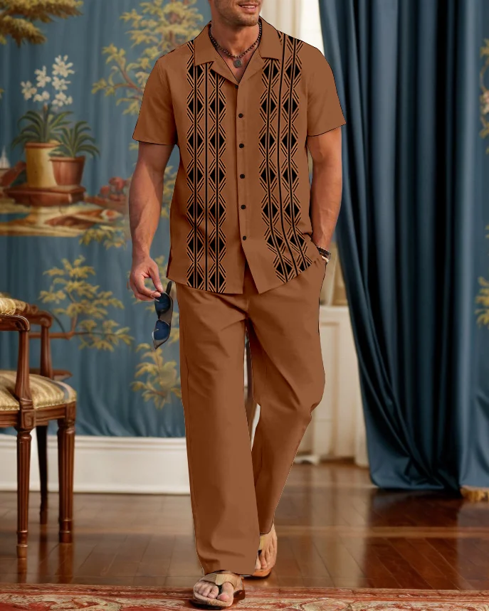 Suitmens Men's Classic Bowling Shirt Contrasting Geometric Stripes Walking Suit