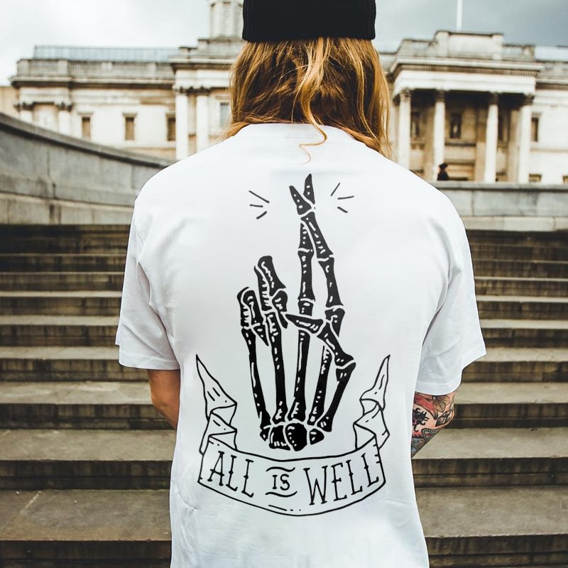 All Is Well Skull Fingers Printed Men's T-shirt - Krazyskull