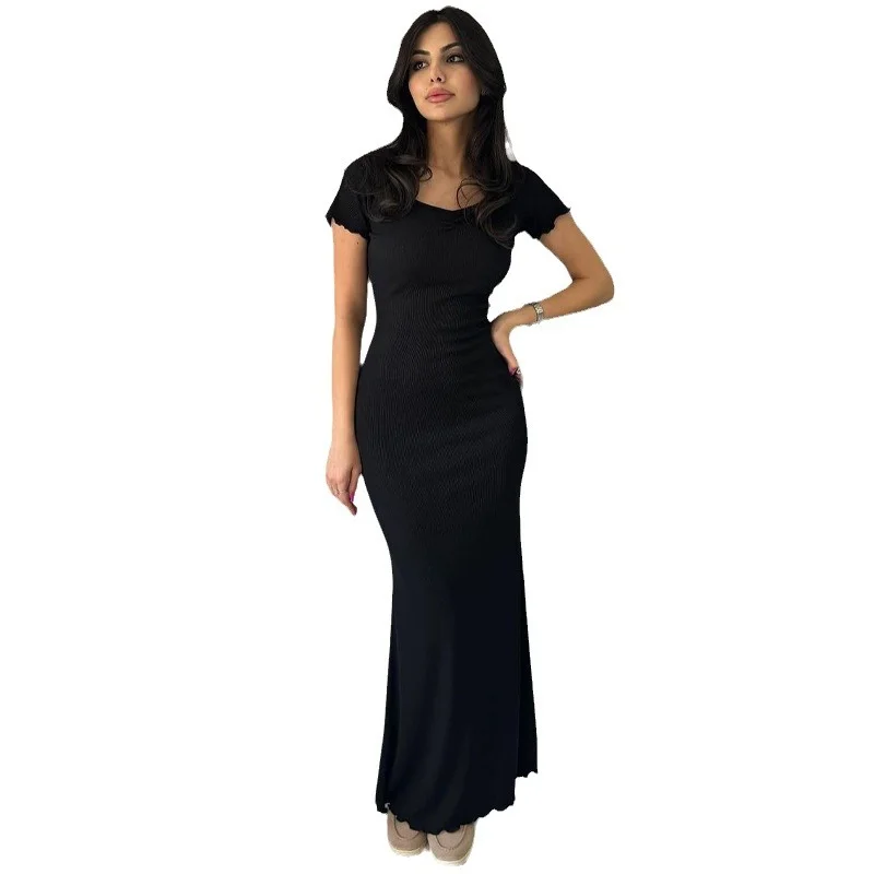 Uveng Uveng Summer New Women's Solid Color Temperament U Collar Short Sleeve Slim Long Dress Female