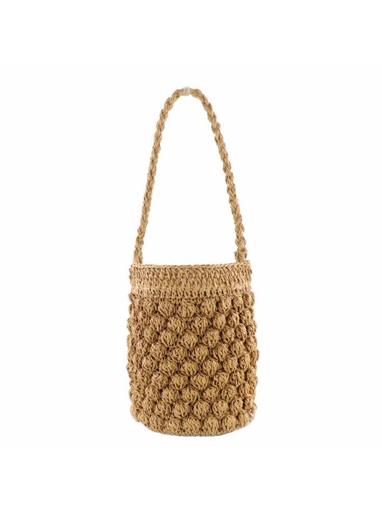 Summer Bucket Shoulder Bag Women Drawstring Woven Handbag (Light Brown)