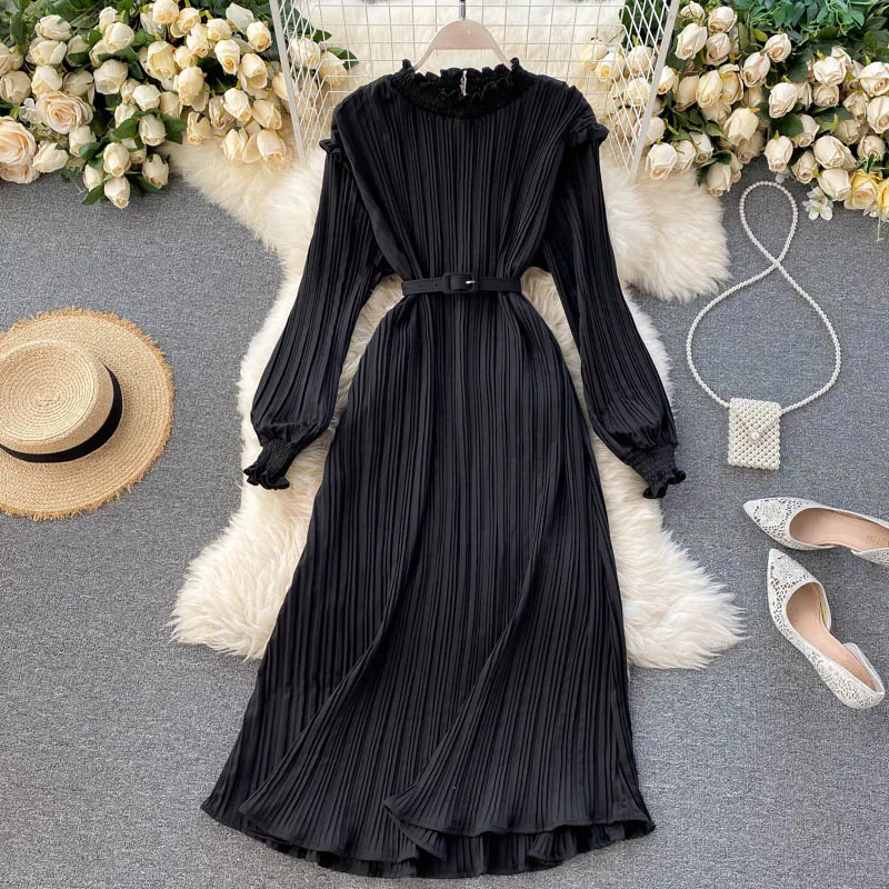 Croysier Spring Autumn Dresses For Women Casual Stand Collar Frill Long Sleeve Pleated Dress With Belt Ladies Elegant Midi Dress