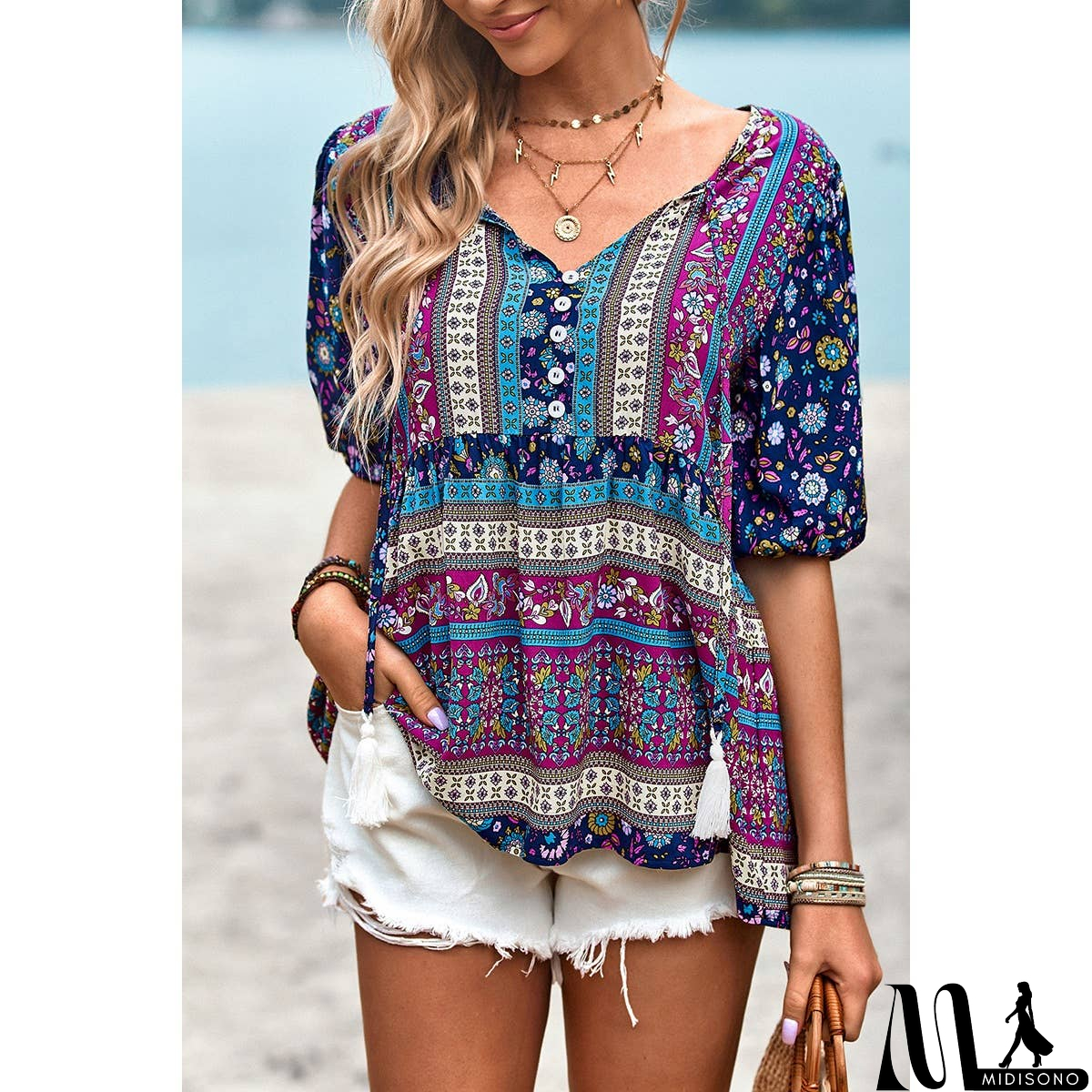 MidiSono - Floral Print Button Deep V Color Block Loose Fit Top