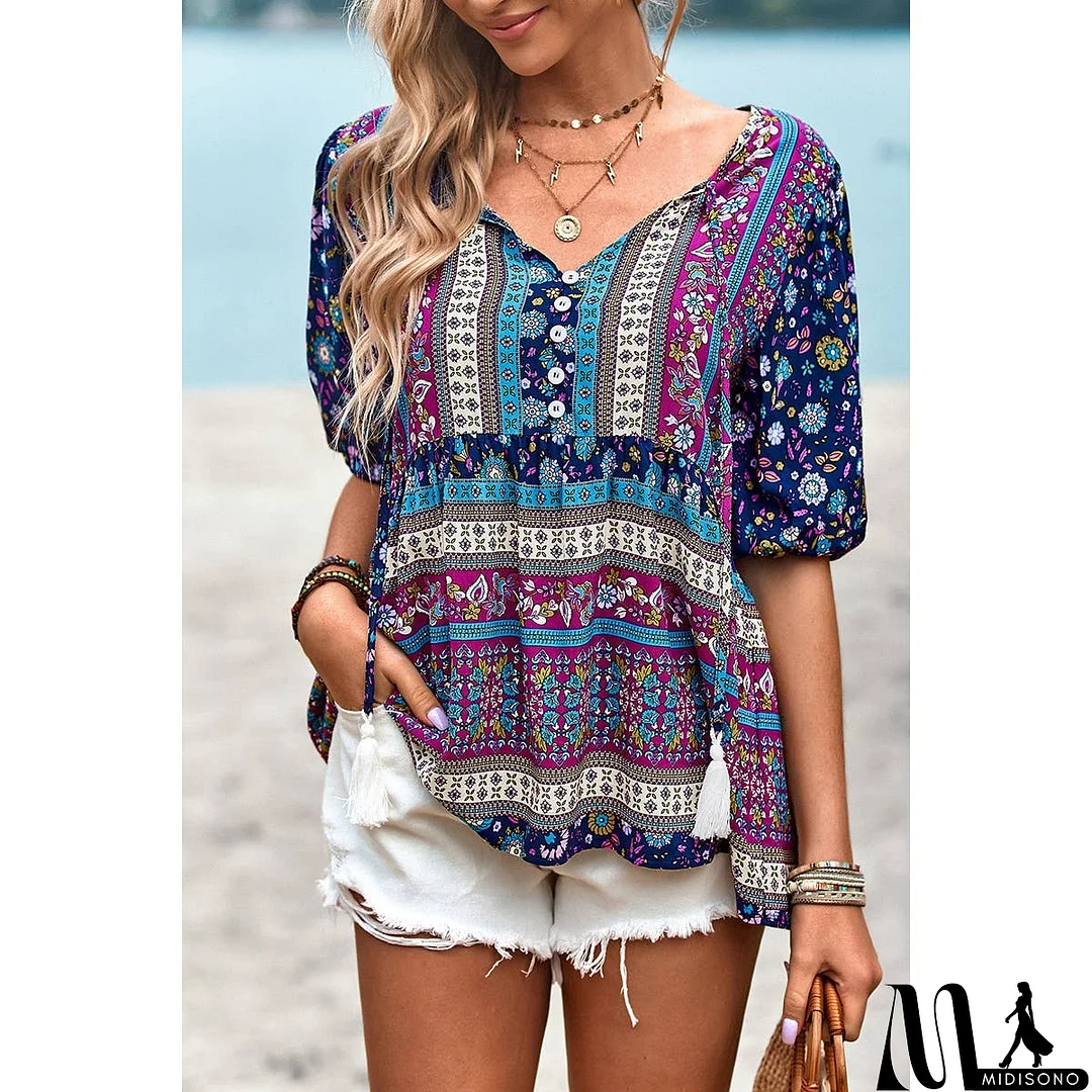 MidiSono - Floral Print Button Deep V Color Block Loose Fit Top