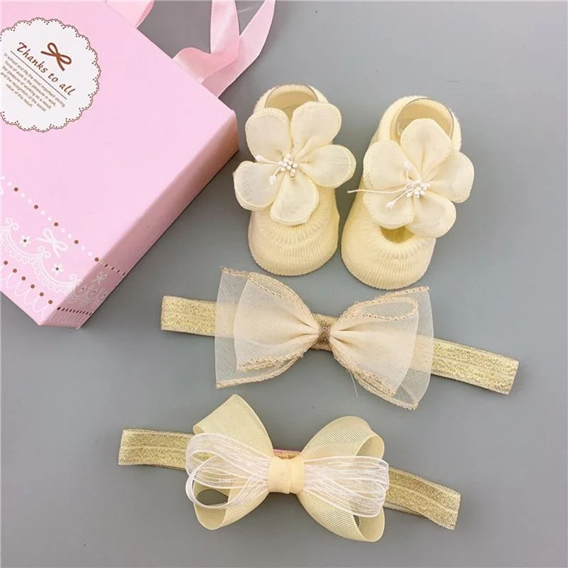 3Pcs/Set Lace Flower Baby Girl Headband Socks Set Crown Bows Newborn Hairband Headbands For Girls Turban Baby Hair Accessories