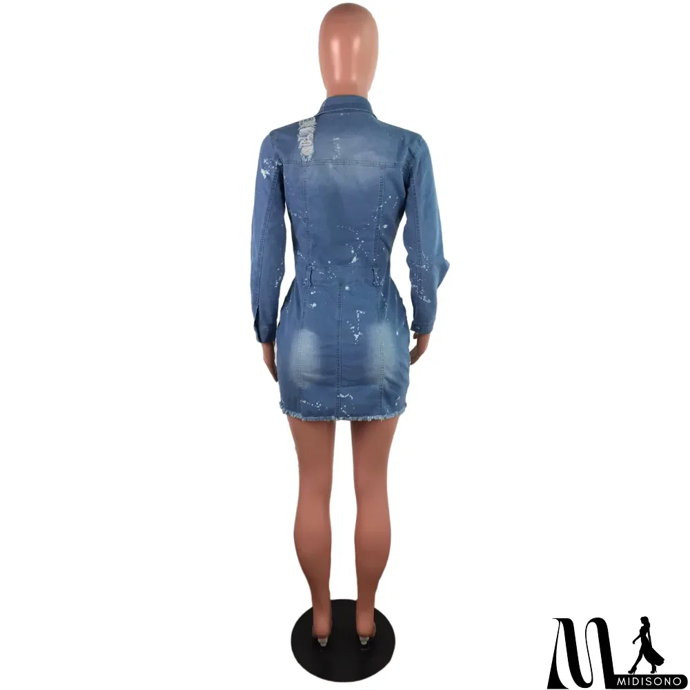 MidiSono - Sexy Stretch-breasted Denim Bag Hip Dress