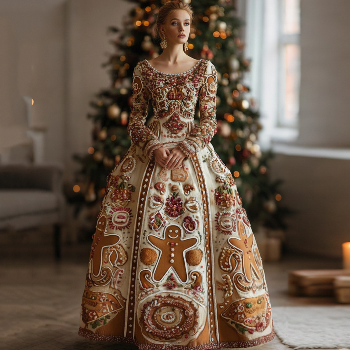 Christmas Gingerbread Man Themed Round Neck Dress elevenforest