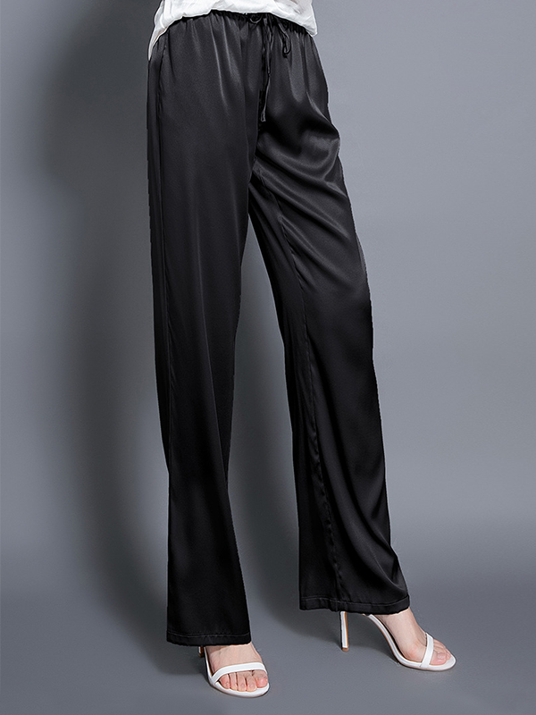 Black  Graceful Elastic Waist With Waistband Silk Pants Side Pockets