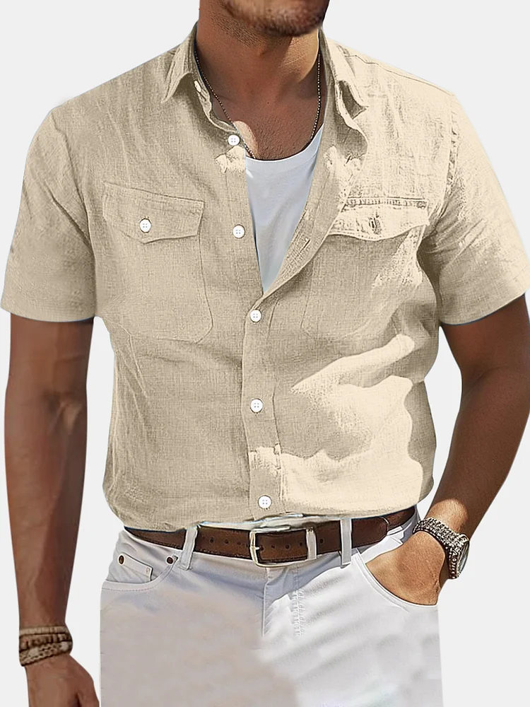 Men's Solid Color Double Pocket Comfortable Cotton And Linen Short Sleeve Shirt