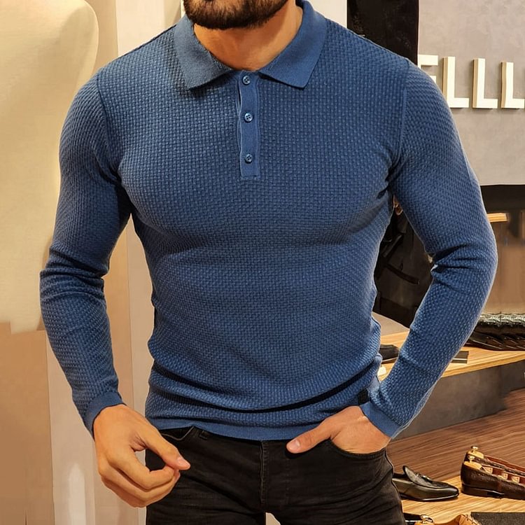 BrosWear Casual Solid Knit Long Sleeve Polo Shirt