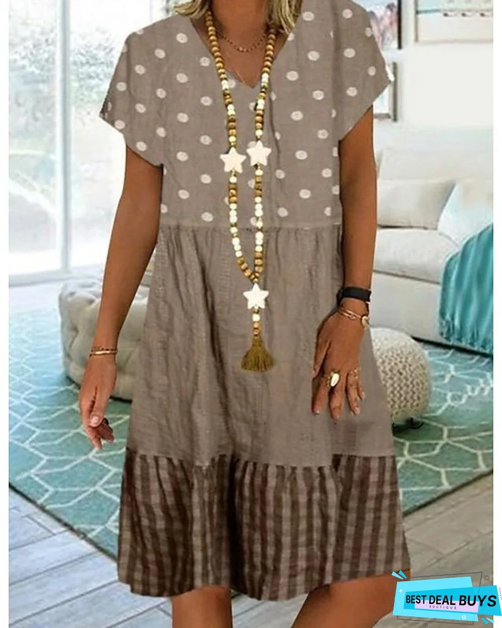 Women's Knee Length Dress - Short Sleeve Polka Dot Print Summer Plus Size Hot Casual Blue Khaki Green