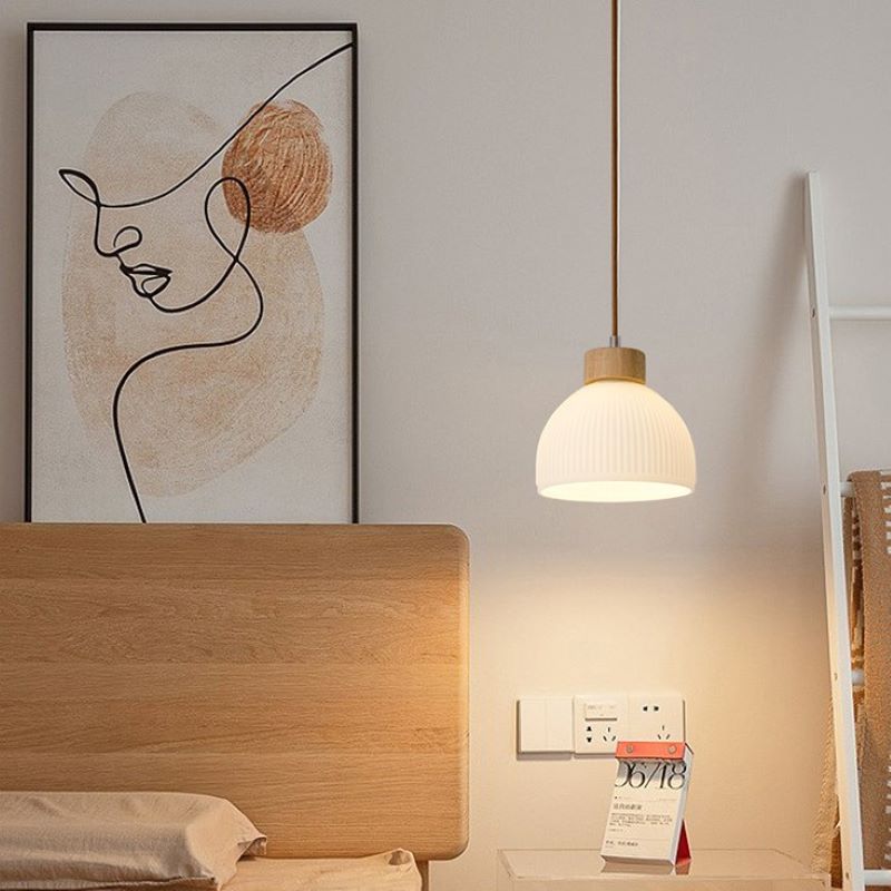 Modern Minimalist Half Round Cylinder Disc Base Striped Rubberwood Glass 1-Light Pendant Light For Bedroom