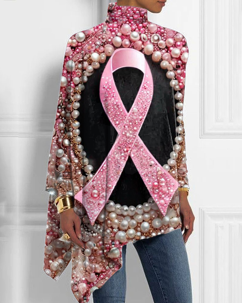 Breast Cancer Awareness Pearl Print Half Turtleneck Hem Top