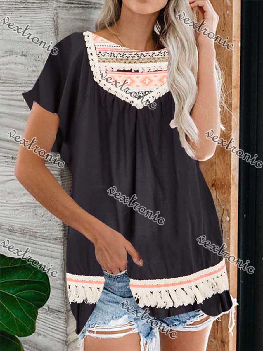 Women Short Sleeve Round Neck Lacy Top T-shirt