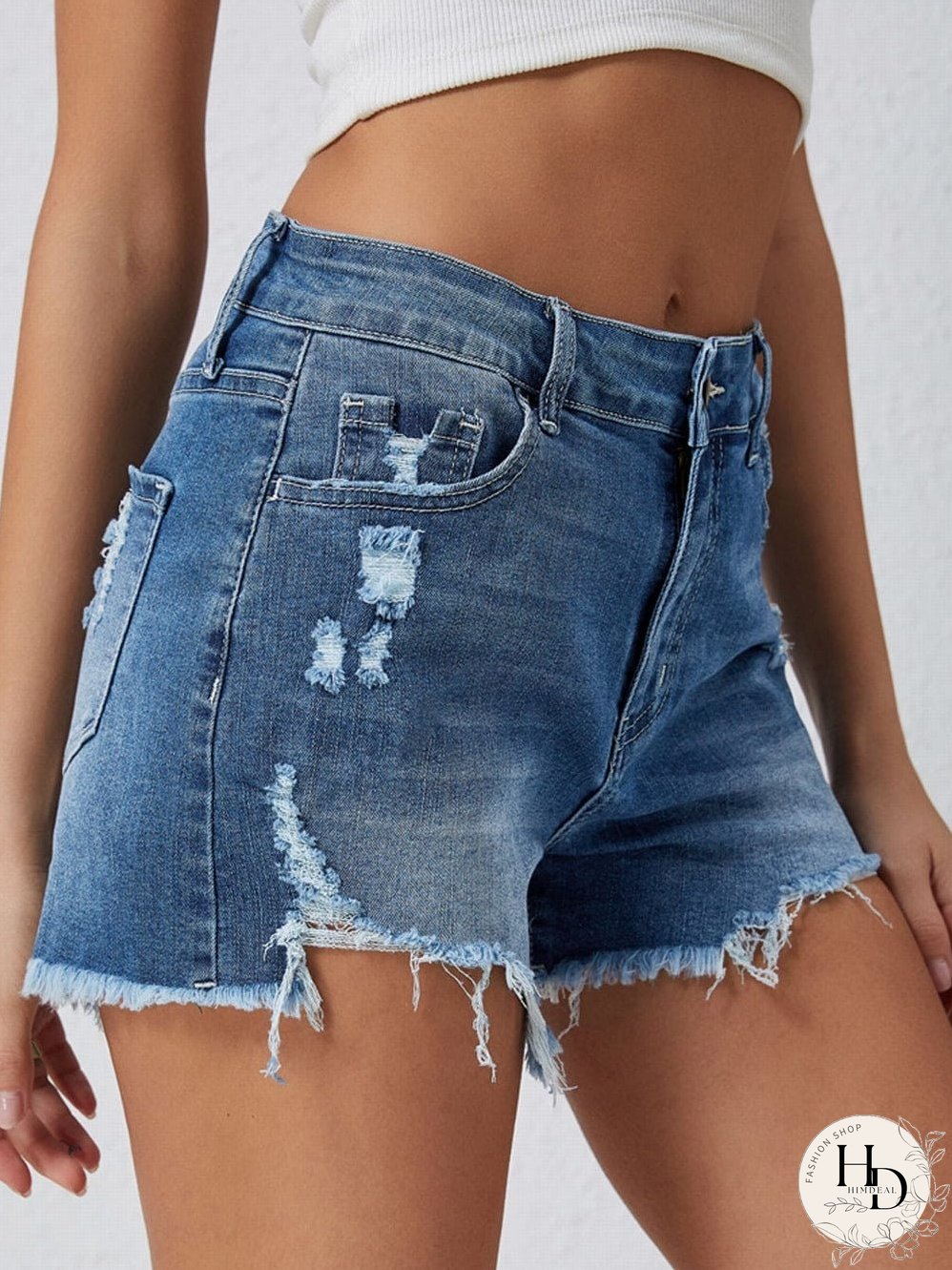 Sky Blue Distressed Denim Shorts with Raw Hem