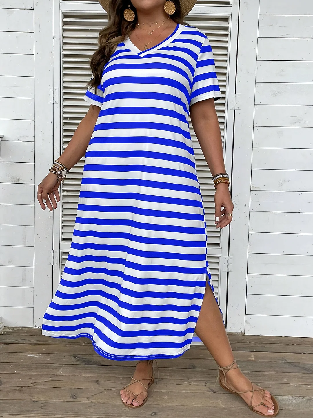 Uveng Uveng Women's Clothing 2024 Summer New V-Neck Striped Print Dress