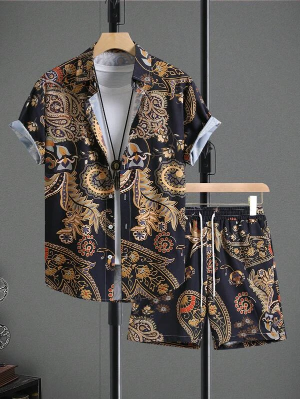 Men Random Baroque Print Shirt & Shorts