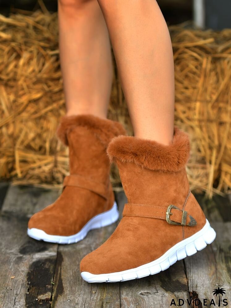 Contrast Fluffy Faux Suede Buckle Decor Snow Boots