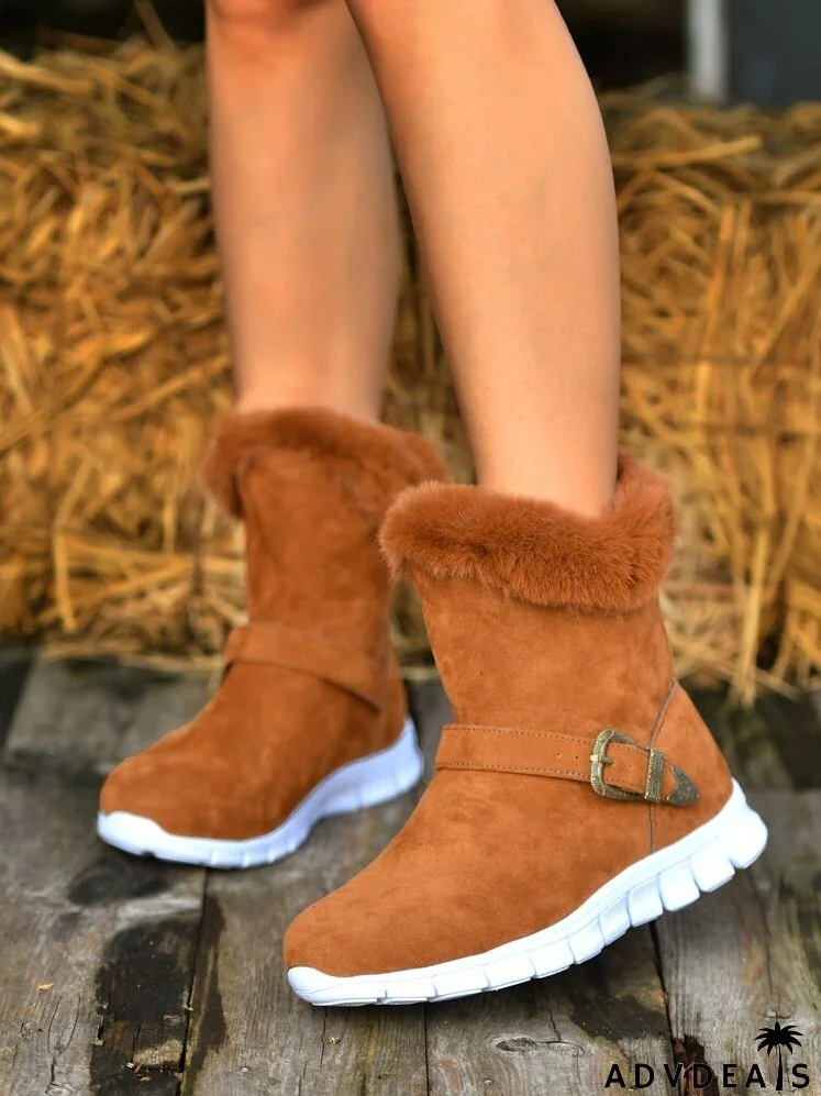 Contrast Fluffy Faux Suede Buckle Decor Snow Boots