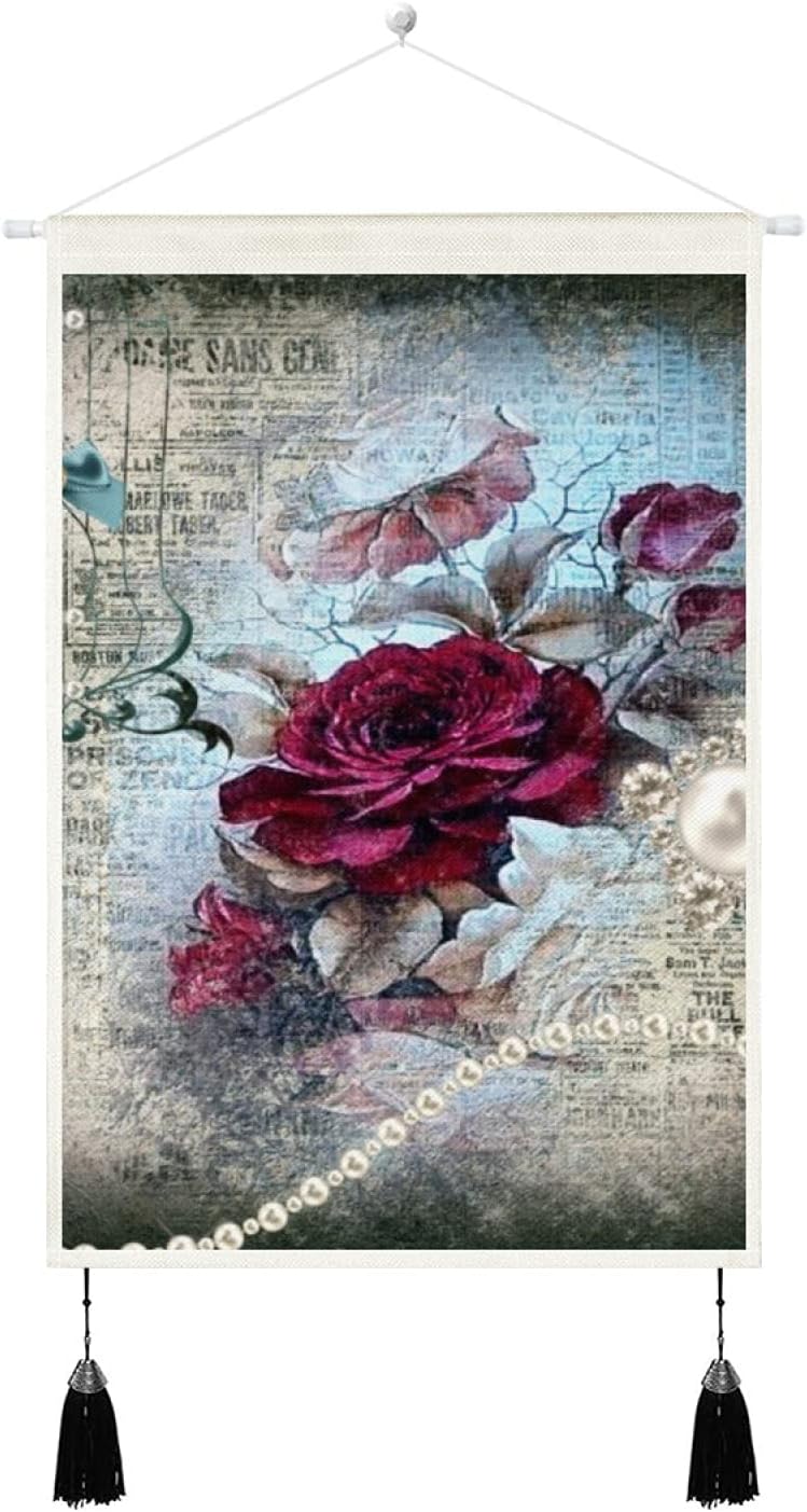 Victorian Rose Ephemera Hanging Poster Canvas Wall Art, Tapestry Plush Scroll with Tassels, Art Print Bedroom Living Room Dorm Decorations Hang 13.8 X 19.7 inches