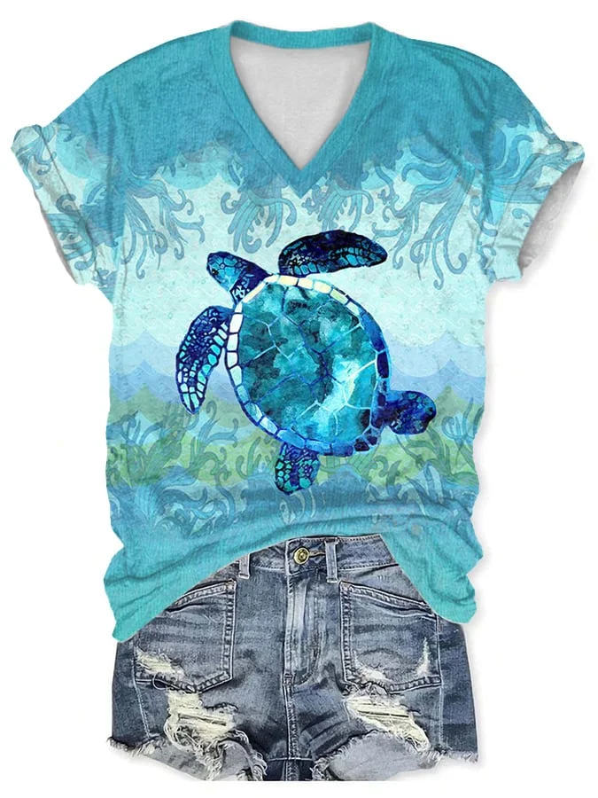 Women's Casual Sea ​​Turtle Print Short Sleeve T-Shirt
