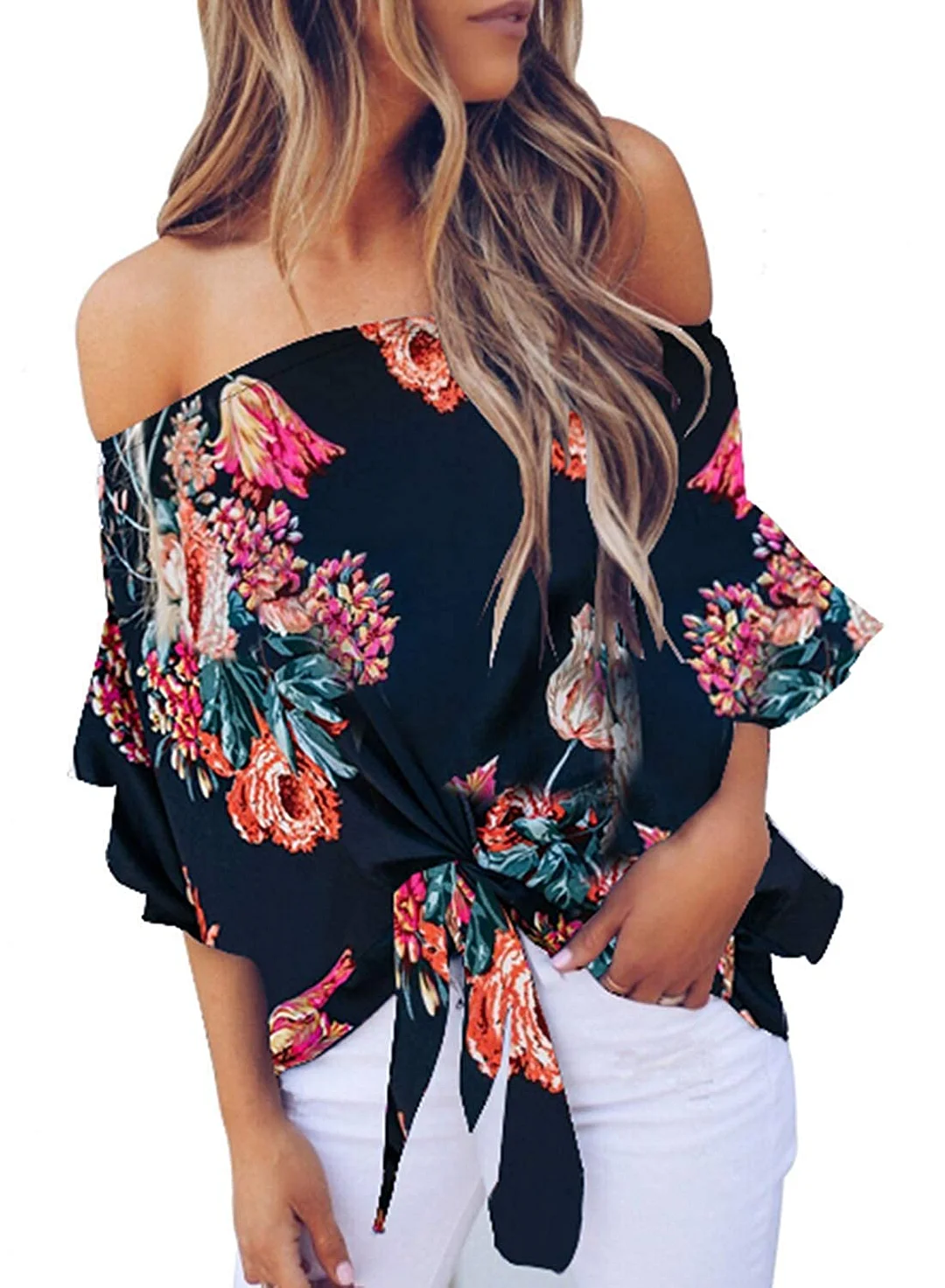 Womens Summer Off The Shoulder Tops 3/4 Bell Sleeves Sexy Floral Tie Knot T-Shirt Blouse