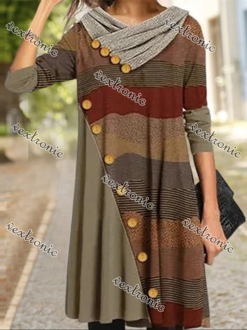 Women's Long Sleeve V-neck Graphic Buttons Midi Dress