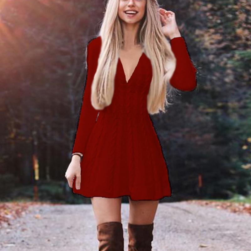  thdmladies Simple Fashion V-Neck Pullover Long Sleeve Waist Sweater Dress thedmladies
