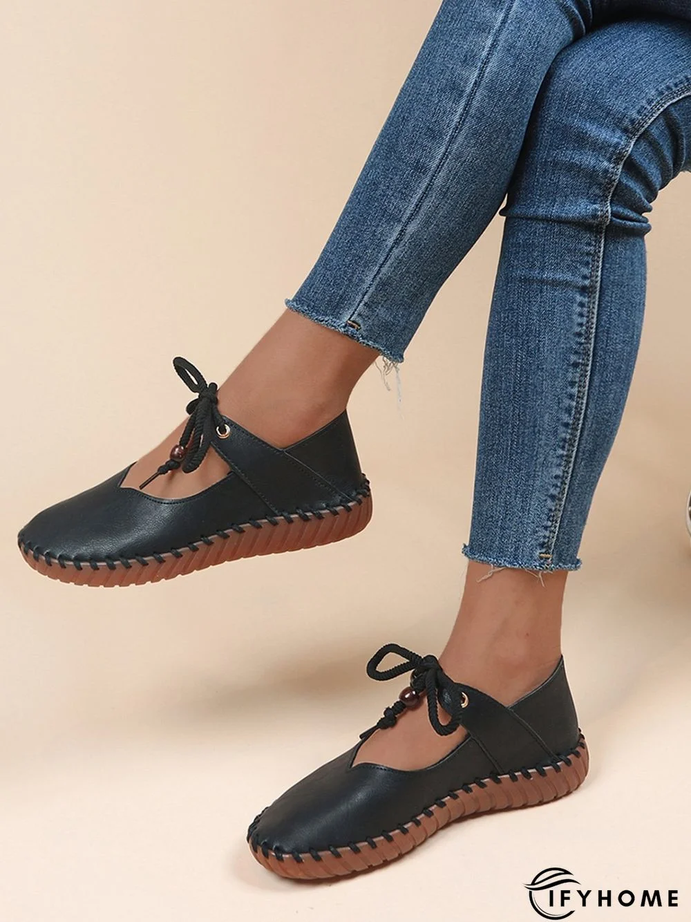 Simple Beading Lace-Up Flat Mary Jane Shoes | IFYHOME