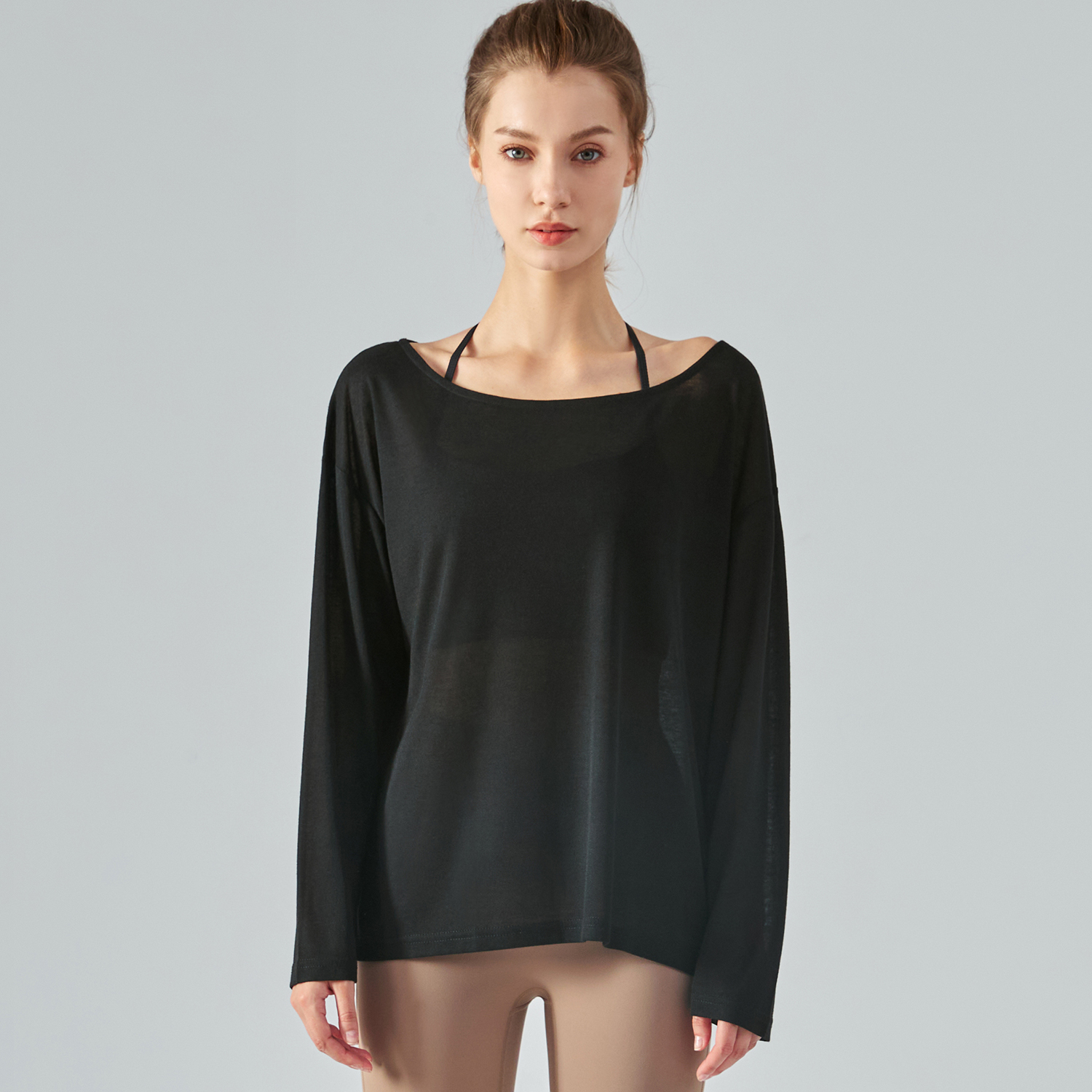 Buy different Black colors and types of long sleeve loose thin breathable running yoga tencel t shirt for women on Hergymclothing 