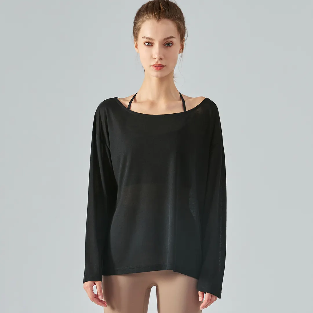 Buy different Black colors and types of long sleeve loose thin breathable running yoga tencel t shirt for women on Hergymclothing 
