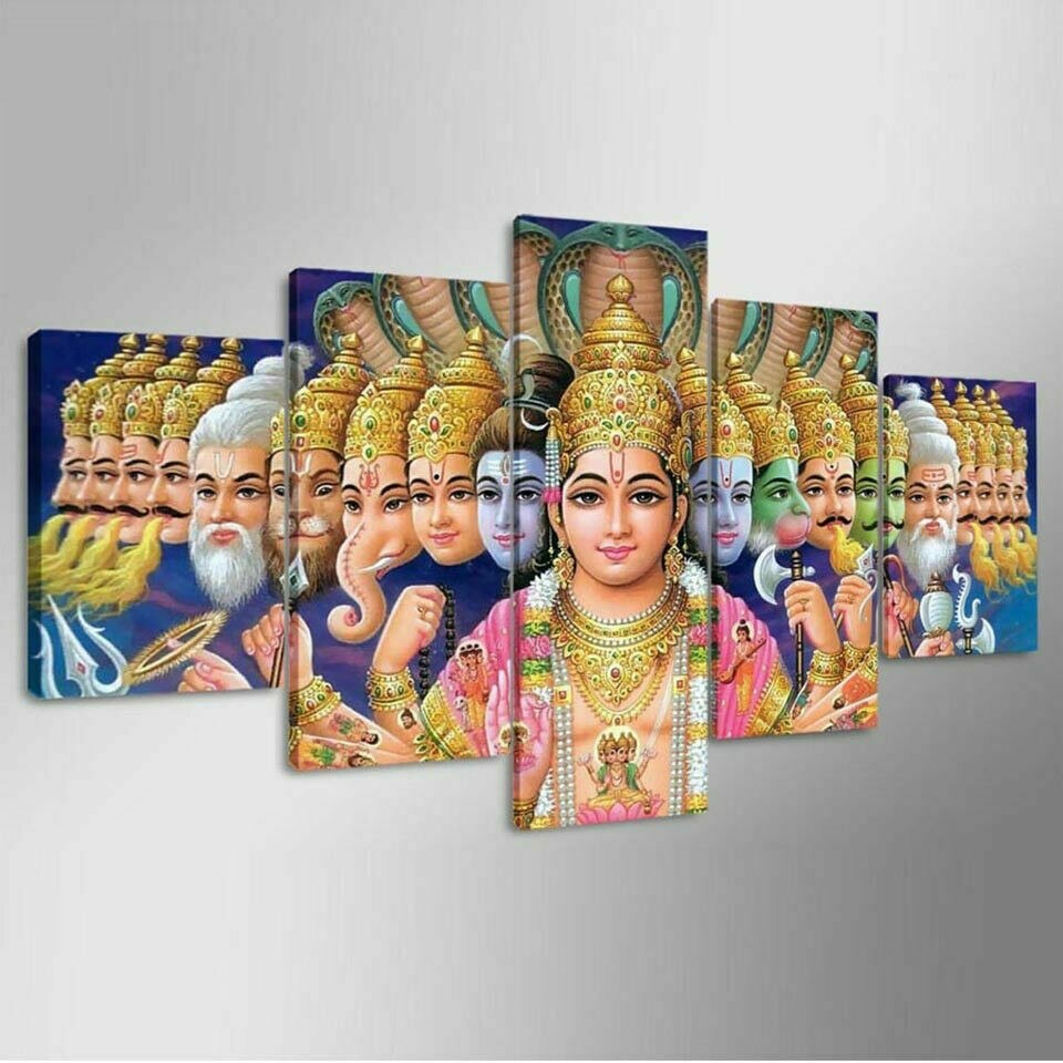 Myster Hindu Gods & Lord Vishnu 5 Panel Wall Art Canvas Posters Painting for Living Room Bedroom Home Decor Pictures Decorations