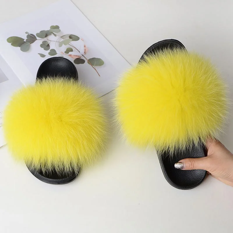 COOLSA New Women's Casual Furry Fur Flip Flops Real Fox Fur Sandals Lady Fluffy Slides Women's Plush Flat Slippers Travel Shoes