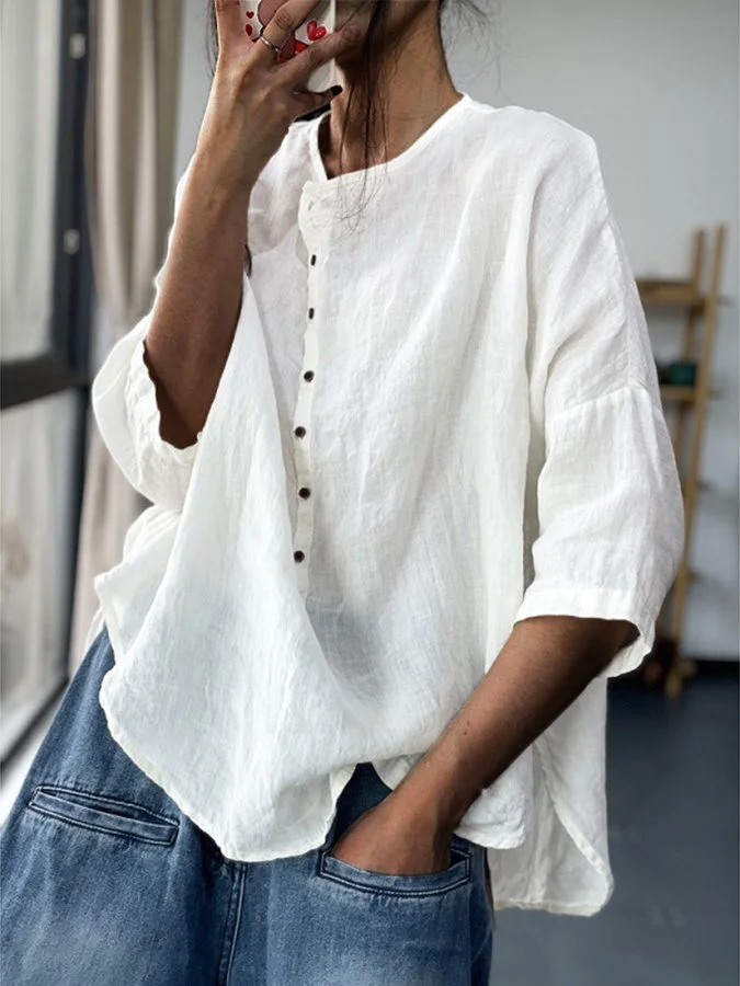 Women's Loose Casual Cotton Linen Shirt With Irregular Hem And Seven Point Sleeves