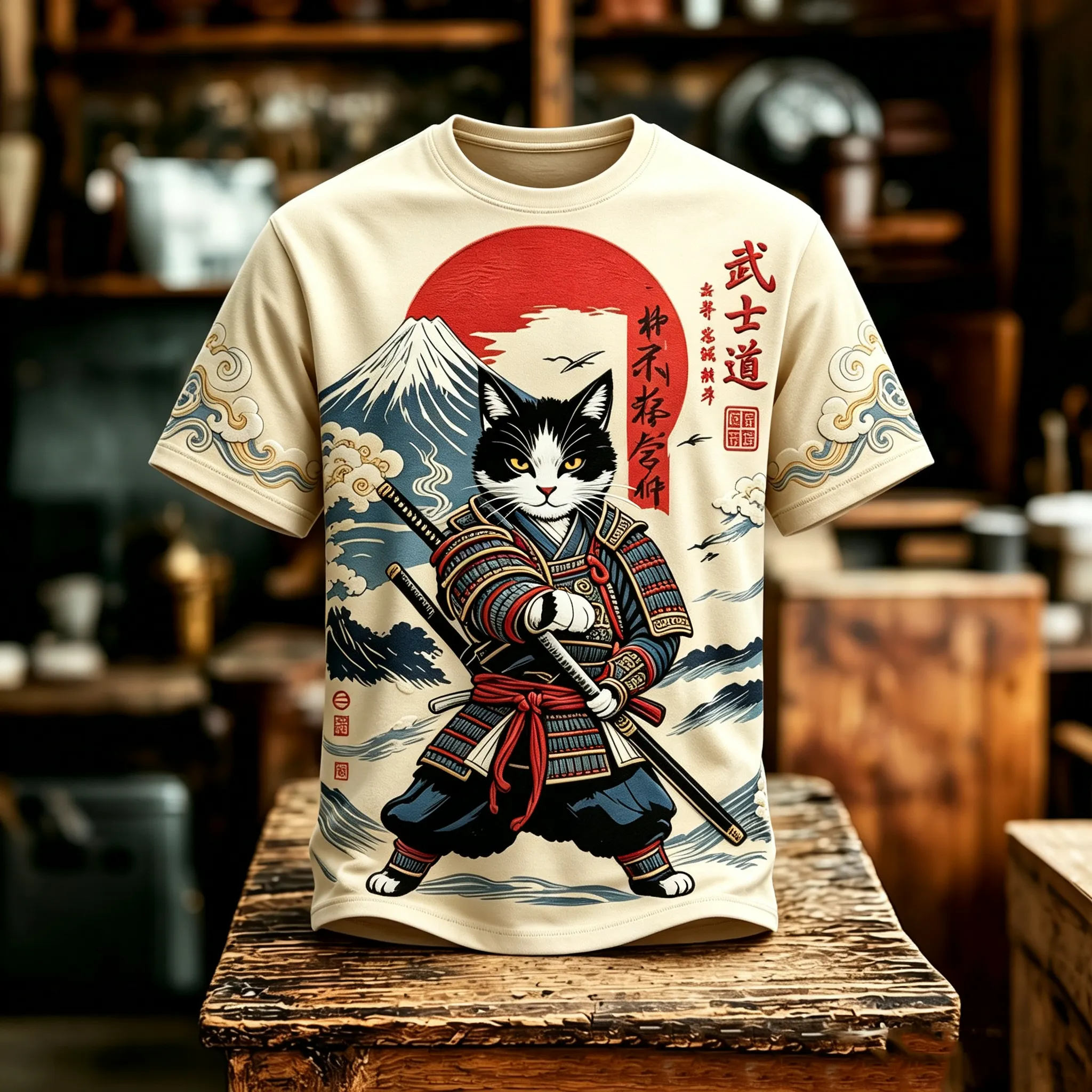 Men's Japanese Art Samurai Cat Print Short-sleeve T-shirt  artssus