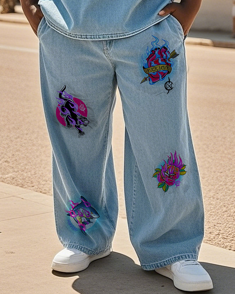 Big & Tall Men's Street Fashion Personality Hot Stamping Denim Pants