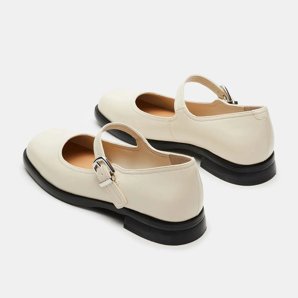 Women's Ivory Square Toe Comfort Adjustable Buckle Mary Jane Flats
