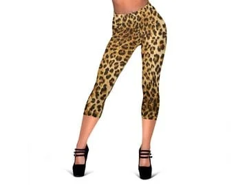 pornhint Pornhint Leopard Cheetah Animal Print Womens Capri Leggings, Yoga Capri Pants, Polyester Spandex Tights, Activewear Capri Leggings