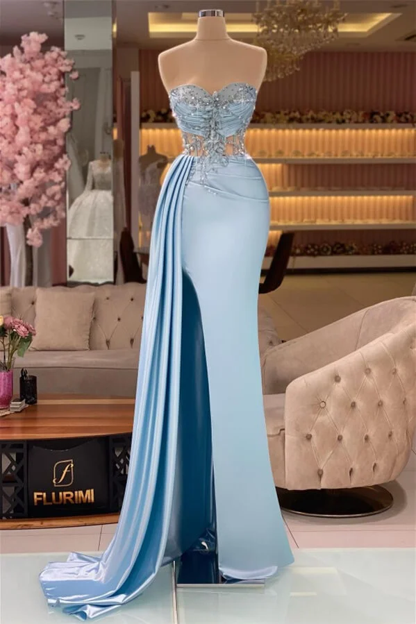Bellasprom Dusty Blue Sweetheart Prom Dresses Mermaid Slit Long With Rufles Beads